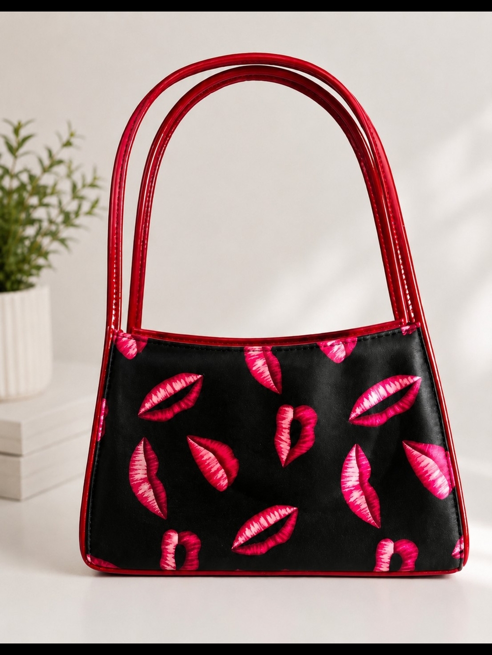 Black Shoulder Bag with Pink Lip Print and Red Trim